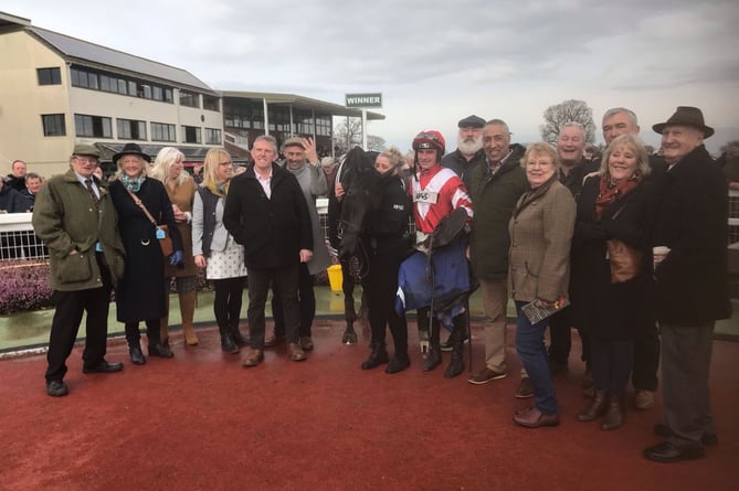Lady Balko in the winners enclosure at Taunton with jockey Jack Tudor, Martin Pipe far right and winning connections.