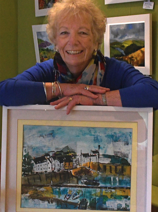 Sue Walsh with her mixed media picture of Watchet Harbour.
