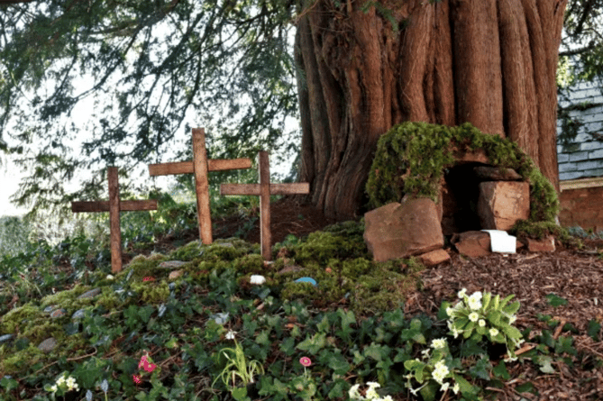An earlier Easter Garden built around the ancient yew tree in Wootton Courtenay churchyard.