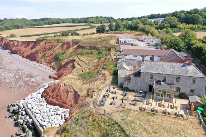 Rock armouring can be seen below the Anchors Drop public house, in Blue Anchor.