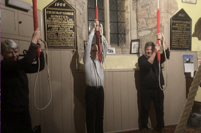 Dunster bellringers ready for action in the Church of St George.