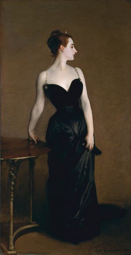 1127610 Madame X (Madame Pierre Gautreau), 1883-84, (oil on canvas) by Sargent, John Singer (1856-1925); 207x110 cm; Metropolitan Museum of Art, New York, USA; (add.info.: Sargent\'s portrait of Madame Pierre Gautreau (Louisiana-born Virginie Amélie Avegno 1859â1915) caused a scandal in Paris at the 1884 Salon when it was first shown with an off the shoulder dress dress strap.).