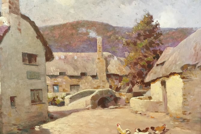 A scenic painting of Packhorse Bridge, Allerford