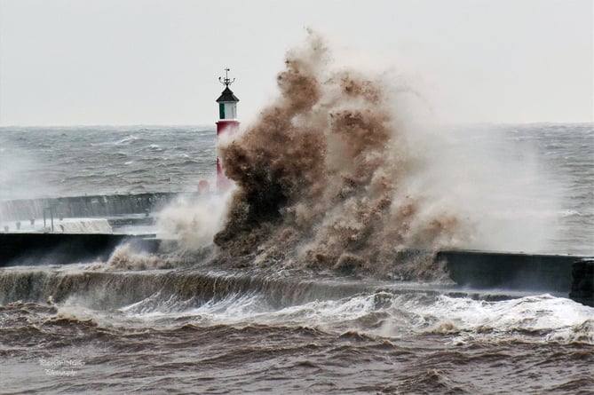 The storm hits Watchet Harbour.