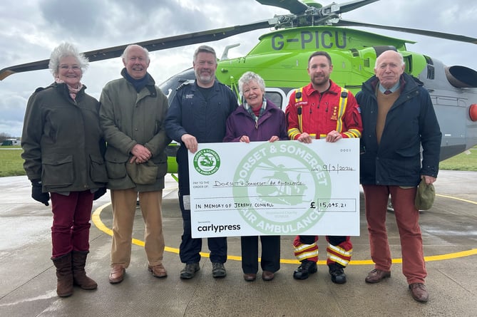 Anna Connell (centre), from Exford, visited the Dorset and Somerset Air Ambulance team with her late husband Jeremy’s brothers Simon and Bob, and sister-in-law Deborah.