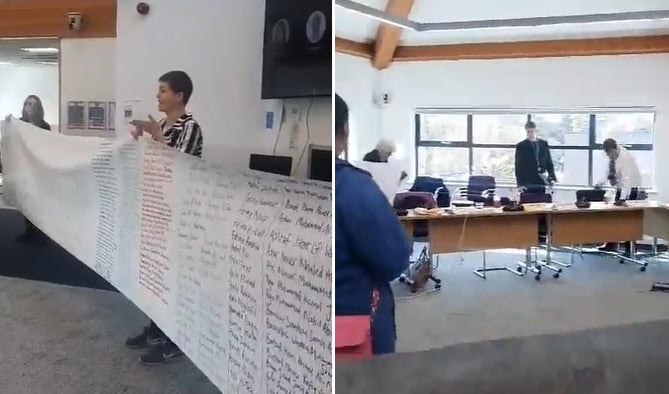 Protestors at the meeting on April 15 (left) and the meeting being a suspended (right) (Image: Palestine Action)