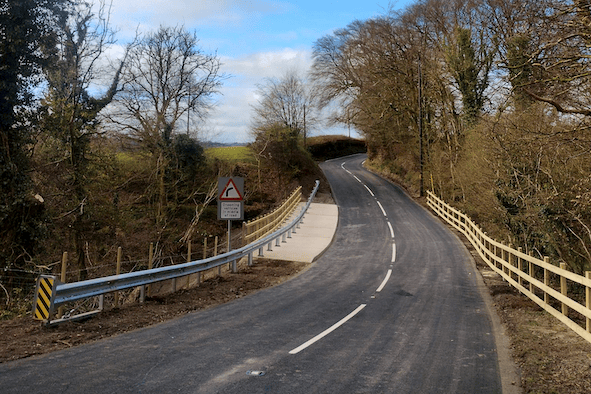 The re-constructed embankment on the B3224 at Roundwaters, between Exford and Wheddon Cross.