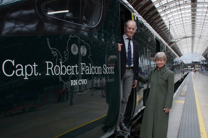 Explorer Sir Ranulph Fiennes, from Exmoor, with Captain Robert Falcon Scott's granddaughter Dafila at a GWR train naming ceremony. 