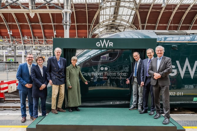 Pictured at London Paddington for the Captain Robert Falcon Scott train tribute are (left to right) GWR head of external communications Dan Panes, Network Rail Western route director Marcus Jones, Exmoor resident and explorer Sir Ranulph Fiennes, Dafila Scott, Falcon Scott, Friends of SPRI acting chairman Brad Borkan, and SPRI emeritus Prof Julian Dowdeswell, Emeritus.