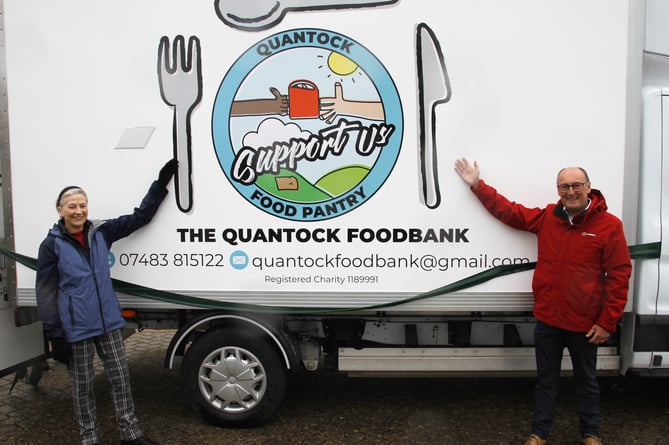 Quantock Foodbank manager Marlene Mason and Paneltex truck and trailer sales manager Phil Lang with the electric mobile pantry.