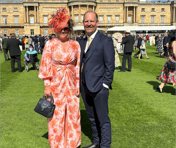 Exmoor Hill Farming Network manager Katherine Williams and chairman Ian May attending a Buckingham Palace Garden Party.