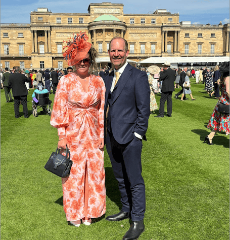 Exmoor Hill Farming Network manager Katherine Williams and chairman Ian May attending a Buckingham Palace Garden Party.