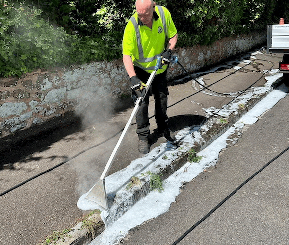 Foamstream weedkiller in use in Minehead, where the town council is running a six-month trial. 
