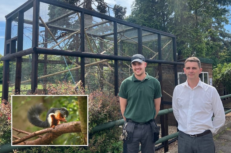 Tropiquaria’s head keeper Jake Tyler and Summerfield’s Philip Morgan outside the enclosure for the Prevost’s squirrels. Inset, a Prevost’s squirrel Photo © Steve Rawlins/Chester Zoo