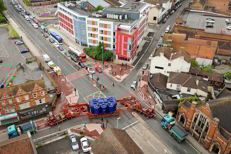 The Hinkley Point Connection super-grid transformer negotiating Bridgwater town centre.