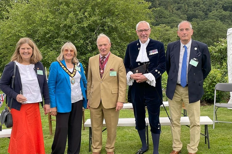 Attending DWLCT's annual garden party are (left to right) Deputy Lord Lieutenant Jennifer Duke, Mayor of Taunton Cllr Vanessa Garside, Deputy Lord Lieutenant Robert Drewett, Somerset High Sheriff Robert Beckley, and DWLCT trustee Philip Hull.