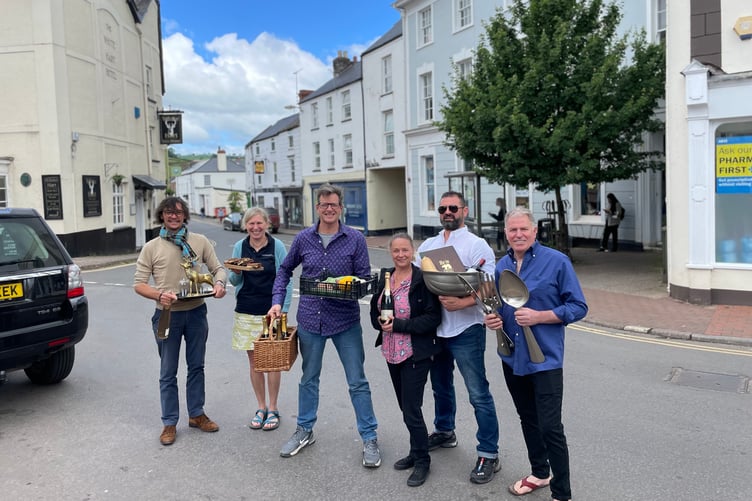 Wiveliscombe Rest Fest hosts (let to right) Rob Sawyer, of The White Hart, Justine Comer, of Phoenix Kitchen, William Sitwell, Amanda Diprose and Jon Coward, of The Bear, and Tim Zekki, of Zekki.