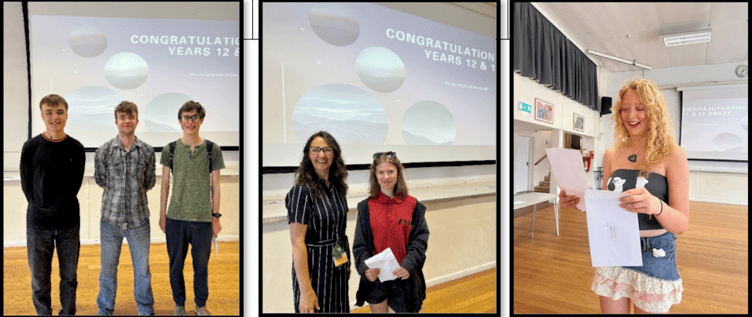 Students celebrating A-level results at West Somerset College are (left to right) Juozapas Neveraukas, Nathaniel Southam, Benjamin Johnson, Kayleigh Ford, and Sophia Anderson.