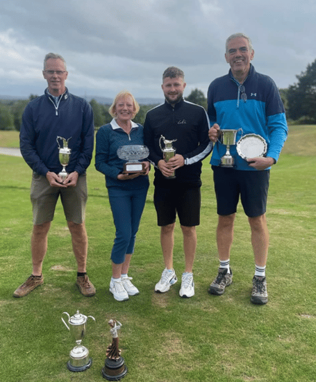 Oake Manor Championship winners, left to right: Dave Hill Over 55 Champion, Jane Clist Ladies Gross, Ladies Nett and Ladies over 55 Champion, Jamie Short Gross Club Champion and David Wheeler Nett Club Champion.
