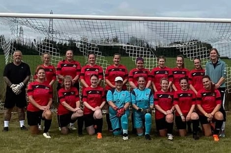 Porlock Ladies, back left to right: Adrian Shopland, Jaegar O'Sullivan, Liz Darby, Lauren Smith, Kirsty Trevis, Georgina Perkins, Chloe White, Kim Sanderson, Kayleigh Campbell-Farmer, Christine Storey; front; Sarah Davenport, Helen Wye, Rhiannon Powis, Laura Grahamslaw, Hannah Worth, Julie Netherway, Amber Coles, Aimee James.