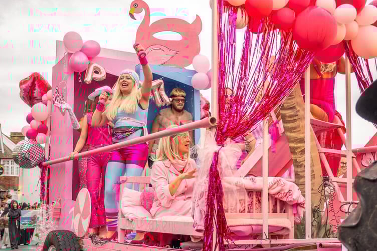 Brightening up the Porlock Carnival weather was'Barbie Doll' by Kirsty Bishop and friends.