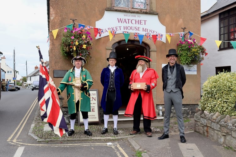 Pictured outside Watchet's Market House Museum are (left to right) the Court Leet's bell man David Milton, bailiff Mike Champion, and ale tasters Robert Dibble and Niall Watson.