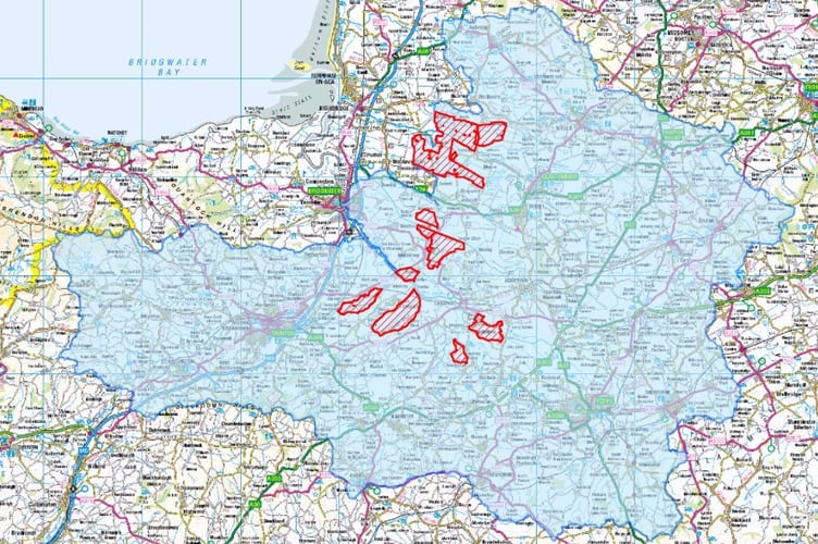 The Somerset Levels and Moors Ramsar site (red) and the affected catchment areas in Somerset (blue) (Picture: Somerset West and Taunton Council)