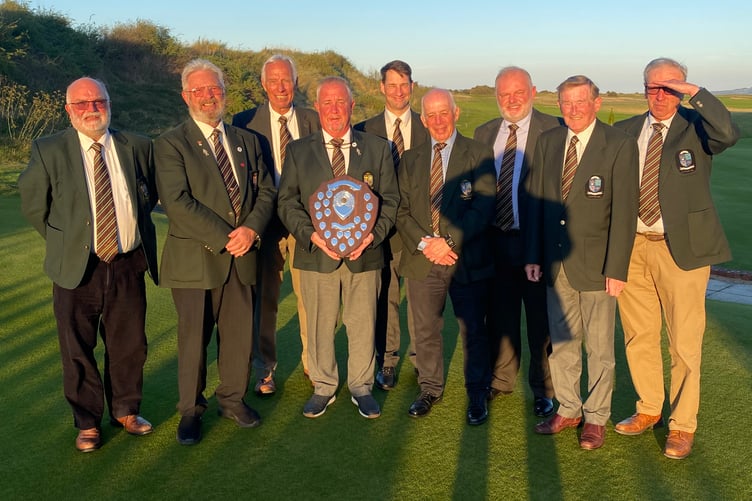 Winners Minehead Past Captains team for the MET Shield, left to right: Ian Gover, W J Perkins, Phil Arbourne, Bob Arthington (current captain), Glenn Ross, Tony Bowden, Dennis Compton, Ben Gliddon and Peter Clements.