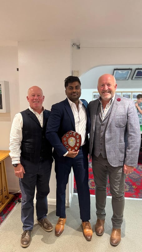 Ranjeesh Krishnan (centre), the Minehead CC A XI award winner, pictured at the club's end of season dinner with left Ian Goodrum, the A XI captain, and Darren Richards, vice chairman of MCC.