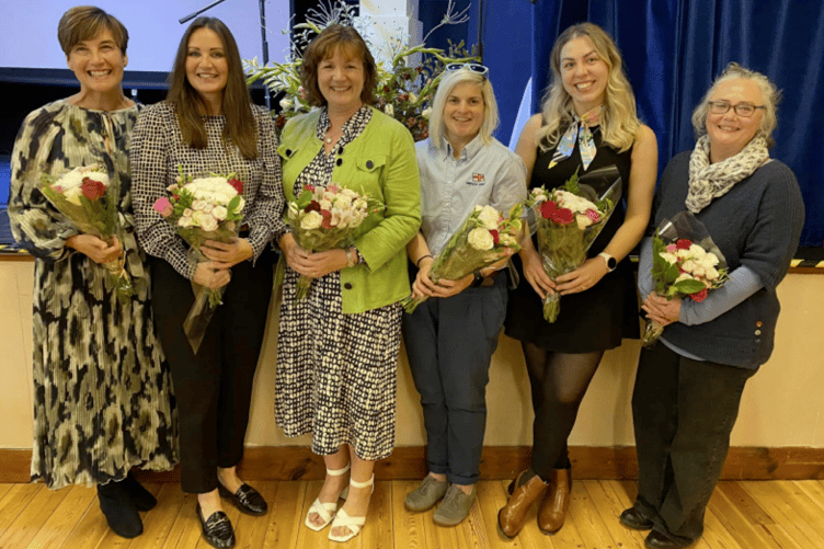 Porlock's Ada Lovelace Day cream tea host Lynn Pearson (third, left) with speakers (left to right) Diane Turner, Natalie Dyson, Karla Thresher, Alex Prideaux, and Heather Goldstraw.