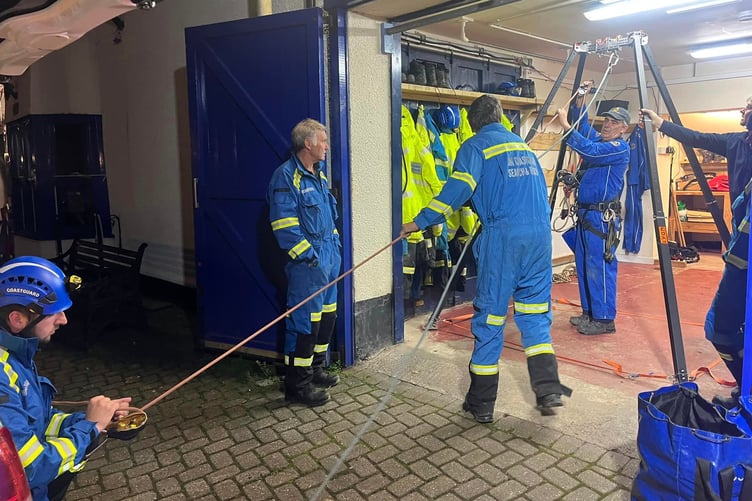 Cliff rescue equipment is demonstrated to new recruits in Watchet Coastguard Station. PHOTO: HM Coastguard.