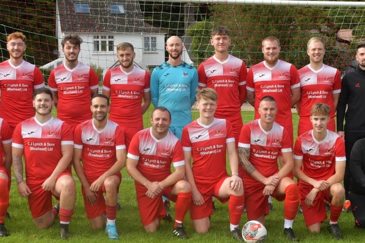 Porlock, left to right: Gavin Pavour (assistant manager), Cody Truscott, Robbie Hamblin, Nigel Bremner, Darren Sharring, Chris Barrett, Ryan Parsons, Chris James, Mike Mullen (coach), Barbara Healy (secretary); front: Zac Brown, Brandon Simsek, Daniel Anthony, Leonard Crooks, Kev Sparks, Olli Morris, Adam Langdon, Finley Priddle,Jay Horne (manager).
