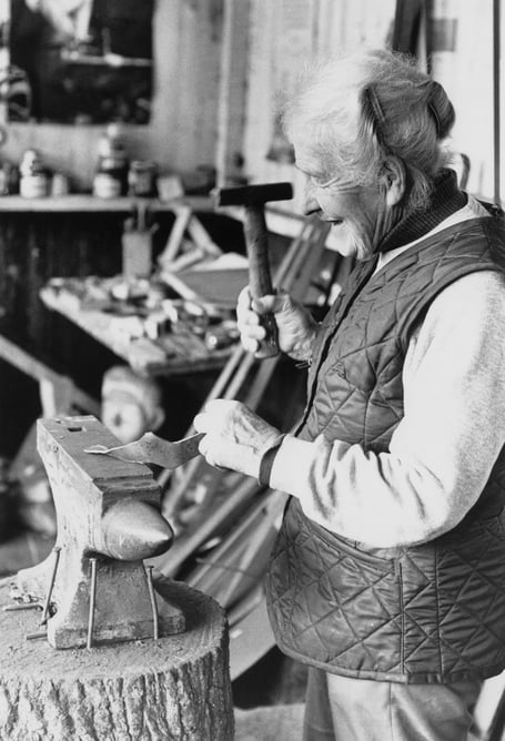Rachel Reckitt learnt blacksmithing in her 60s with artist-blacksmiths Jim and Harry Horrobin at Roadwater Forge in West Somerset