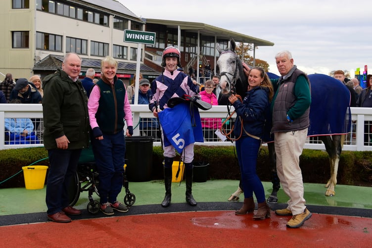 Left to right: Ed (Claire's husband) , Claire Hitch, Gearoid Harney (jockey), Hannah Ball and Mike Wright (Claire's father).