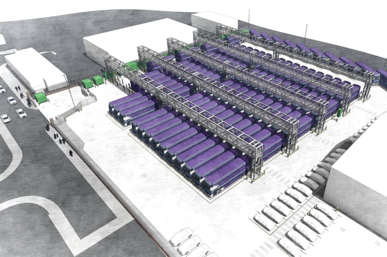 A computer generated image of how the First Bus depot in Hengrove will look with electric charging bays similar to those being installed in Minehead. IMAGE: NG Bailey.