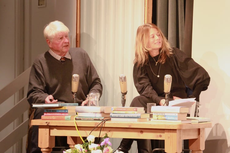 Stanley Johnson on stage at the Dulverton Exmoor Literary Festival with Miranda Taylor. PHOTO: George Ody.