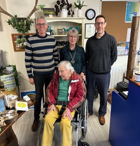 Porlock Information Centre manager Debbie Stanyon at the launch of the new premises with Miles Tea and Coffee's John Halls, Matt Lawrence, and Derek Miles.