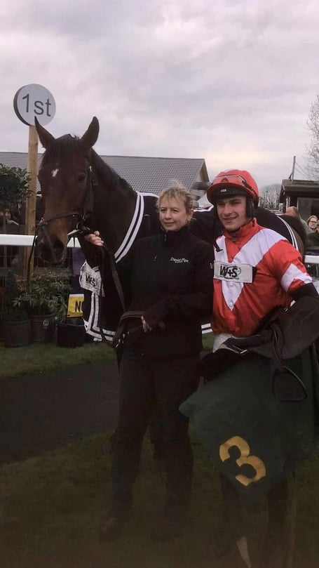 Micronormous in the winners enclosure at Fakenham with Emma Carrow and jockey Jack Tudor.