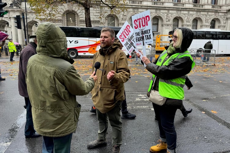Exmoor farmer and political activist James Wright being interviewed at a mass 'farm tax protest' in London.