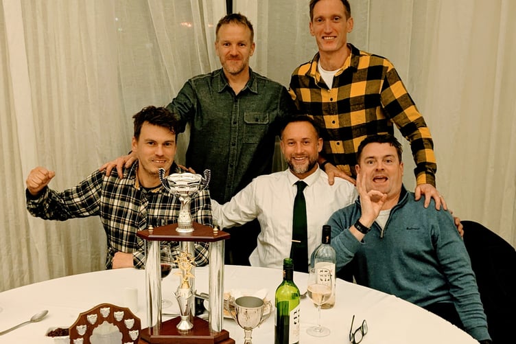 One Eyes Jacks, back left to right: Andy Bulpin, Mickey Norman; front: Robbie Fitzer, Adam Mills, and Paul Swallow; Missing: Sean Hardick (unable to attend)