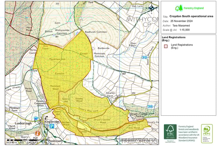A map of planned timber harvesting by Forestry England in the Croydon Hill South plantation. IMAGE: Forestry England.