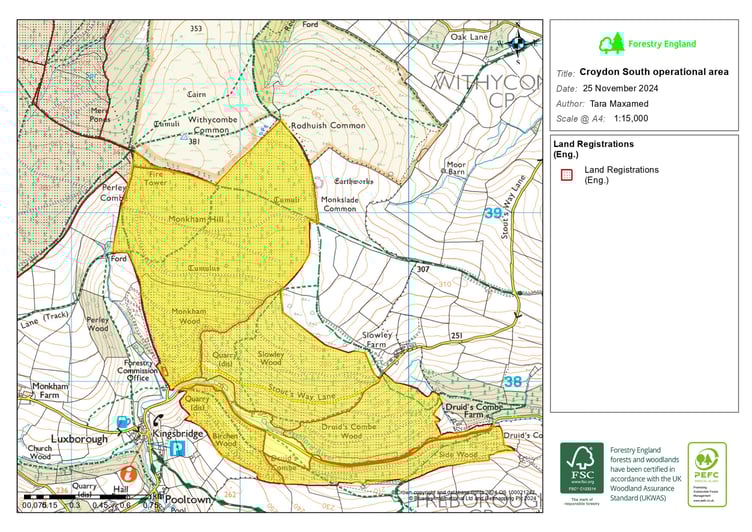 A map of planned timber harvesting by Forestry England in the Croydon Hill South plantation. IMAGE: Forestry England.