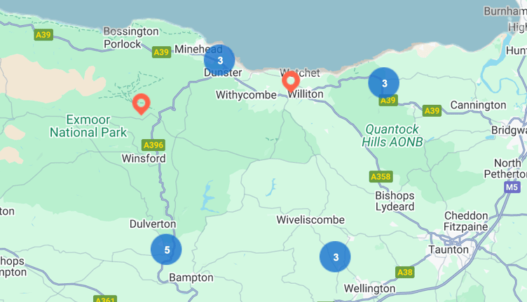 National Grid map showing locations of power cuts in West Somerset