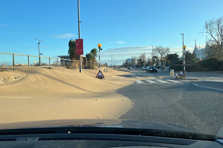 Huge drifts of sand on Seaward Way, Minehead (Photo: Somerset Council)