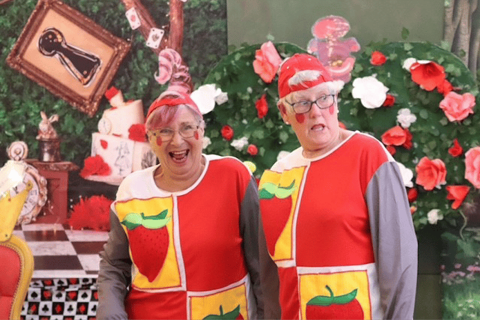 Tweedle Dum and Tweedle Dee, aka Sheila Pont and Anwen Owen, in Williton Hospital's pantomime 'Alice in Meadowland'. PHOTO: Ben Bland Photography.