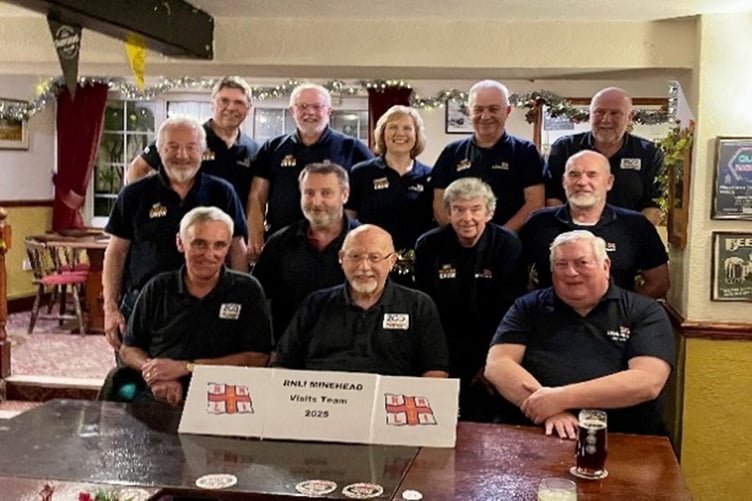 The Minehead RNLI visits team (from back, left to right) Mal Masters, Steve Sagrott, Sharon Trown, Nick Trown, Nick Mouzouri, Eric Atkins, Robin Parks, Peter Jones, Tommy Cotter, Steve Brind, Ray Ventura, Roger Hurst. PHOTO: Ray Ventura/RNLI.