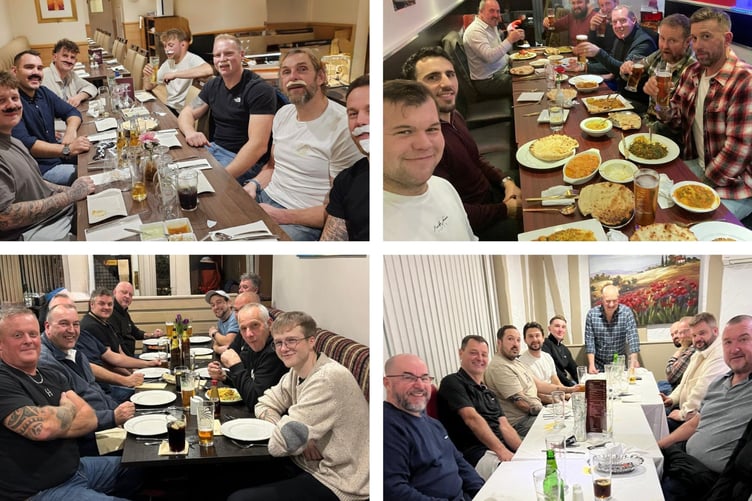 Customers and staff of CRS Building Supplies in West Somerset enjoy some of the company's 'The Best Mate Curry Date' meals.