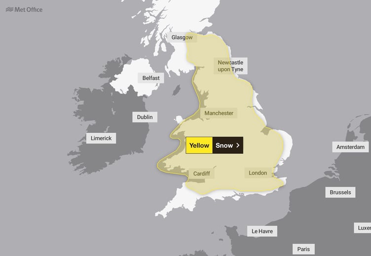 A 57-hour weather warning for snow has been issued by the Met Office