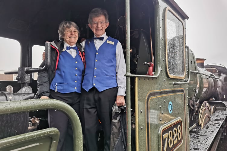 Bob and Liz Ellis who whistled at Bishops Lydeard, celebrating over 20 years at the WSR