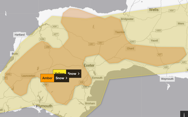 Amber snow warnings in the south west